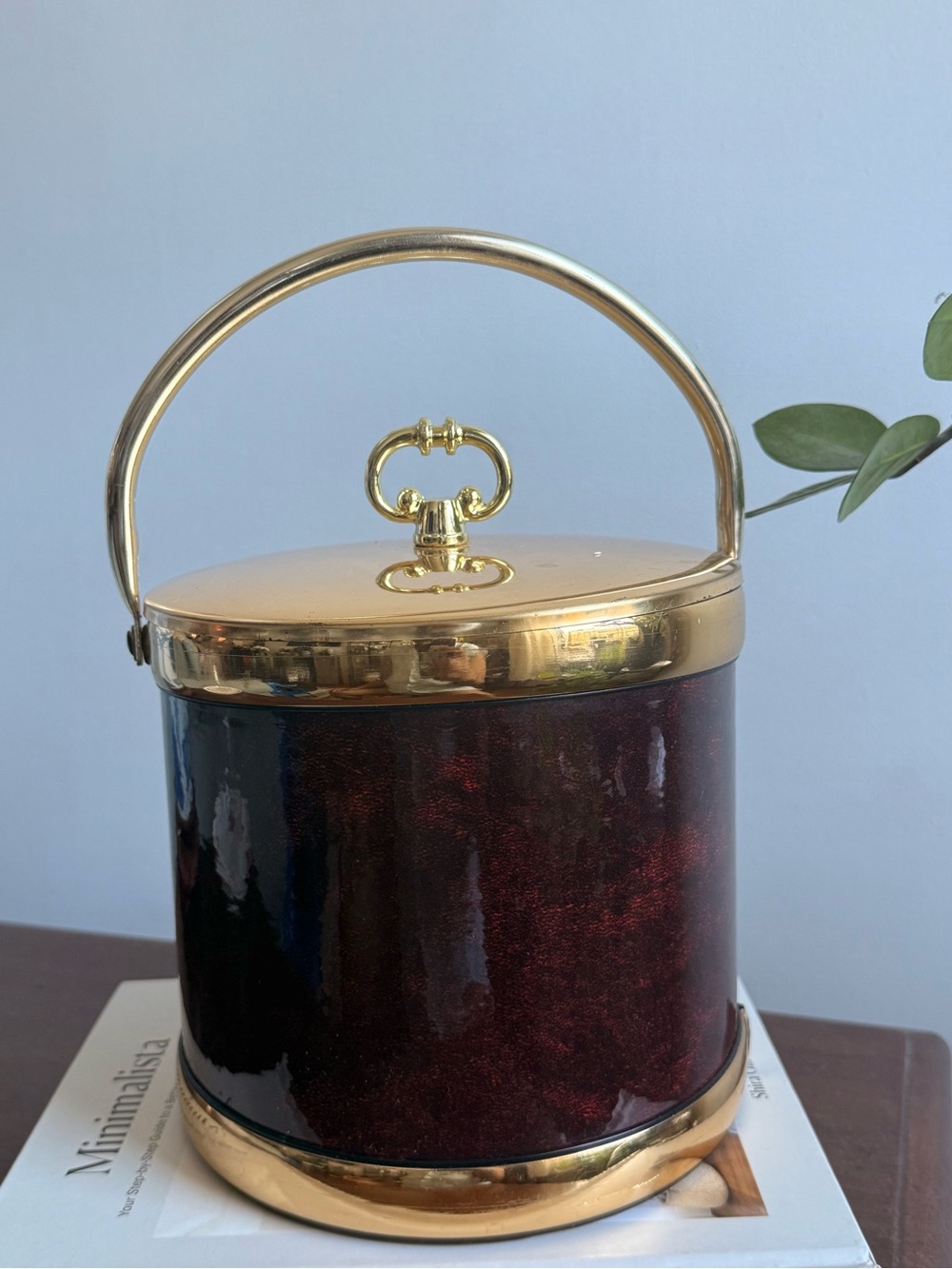 Burgundy Shagreen Ice Bucket with Gold Handle